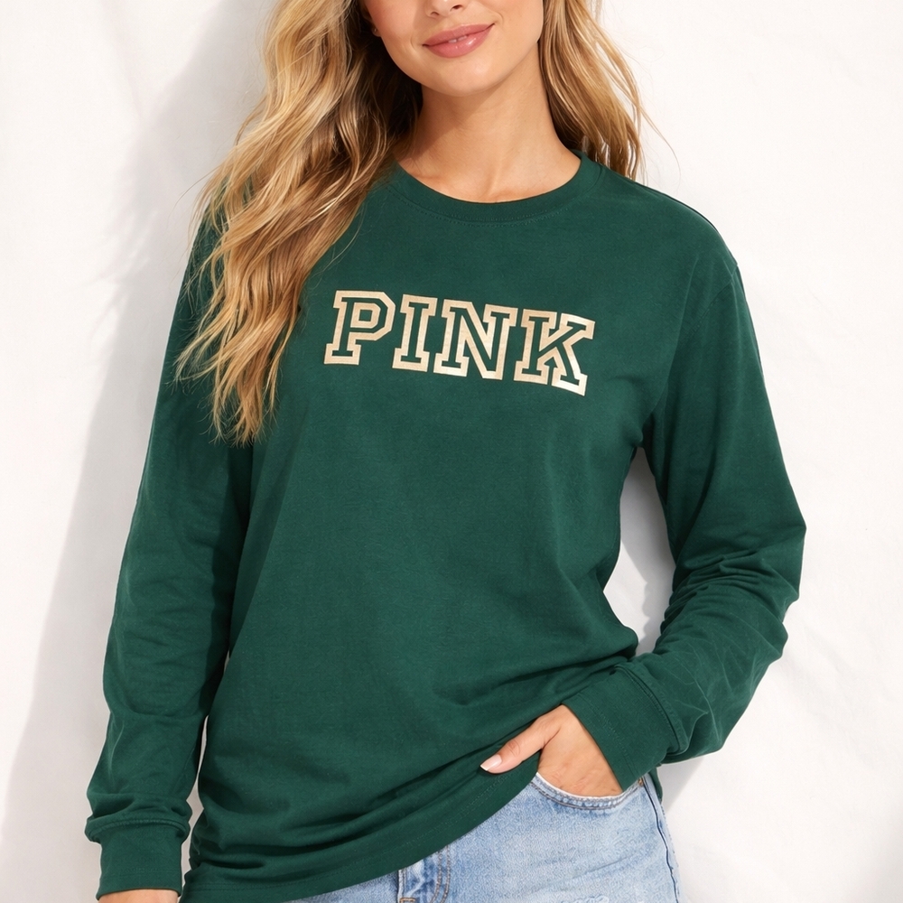PINK Victoria’s Secret Green Long Sleeve Logo Tee Women’s Casual Top